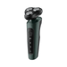 Green electric shaver with buttons. Display on white background.