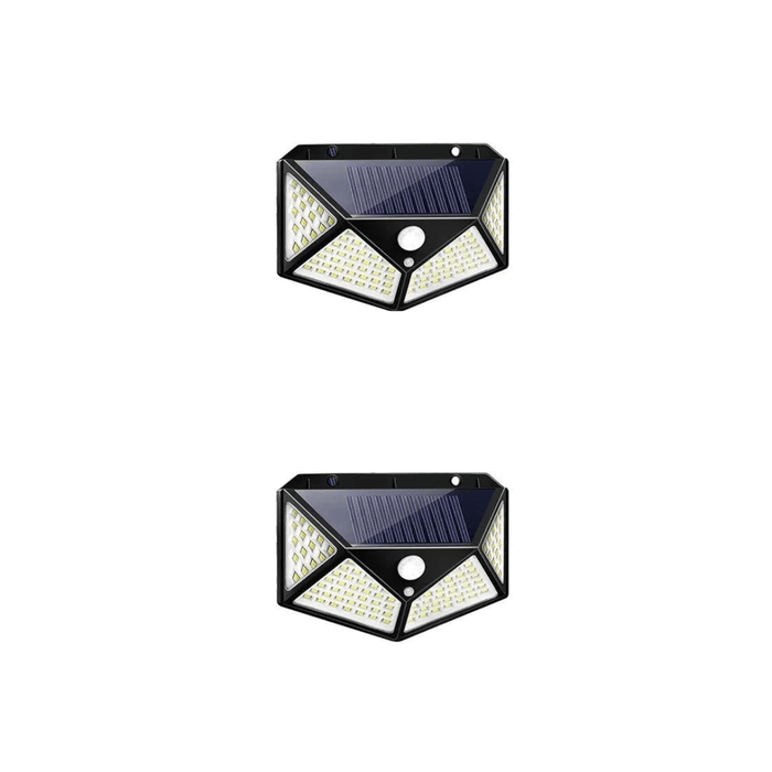 Two solar-powered motion sensor light with a black frame. The light has a solar panel on the top and three sections filled with multiple LED lights. There is also a motion sensor in the center.