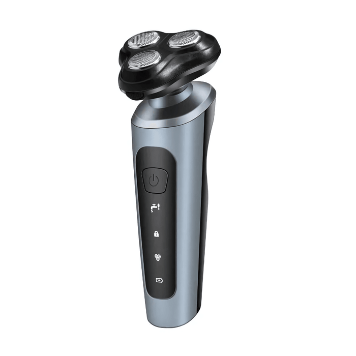 A sleek, blue electric shaver with an ergonomic design, featuring its power button and function indicators on the handle. The shaver is designed for comfortable handling and efficient performance.