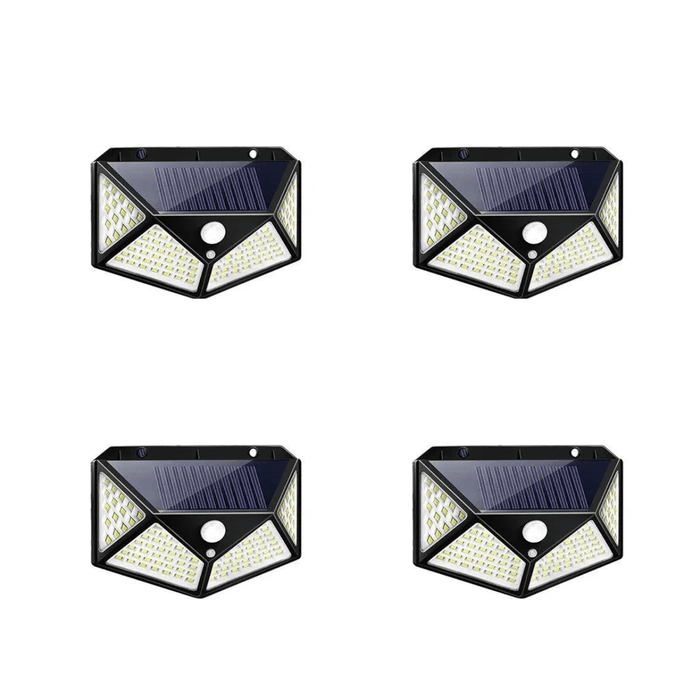 Four solar-powered motion sensor light with a black frame. The light has a solar panel on the top and three sections filled with multiple LED lights. There is also a motion sensor in the center.