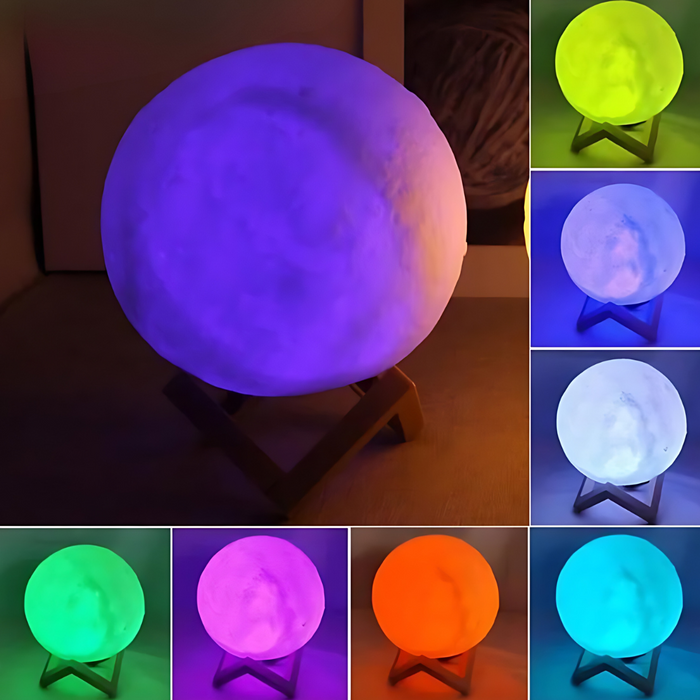 A moon lamp glowing in a vivid purple color, placed on a wooden stand in a dimly lit room. The collage on the right displays the moon lamp in various colors: yellow, green, pink, blue, and orange.