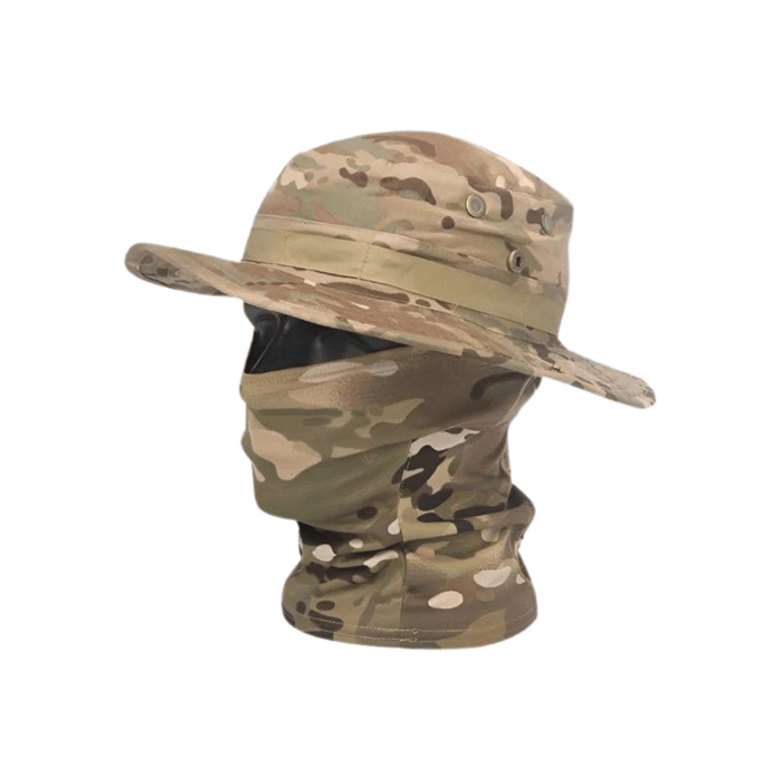 Tan digital camo hat with matching face cover.