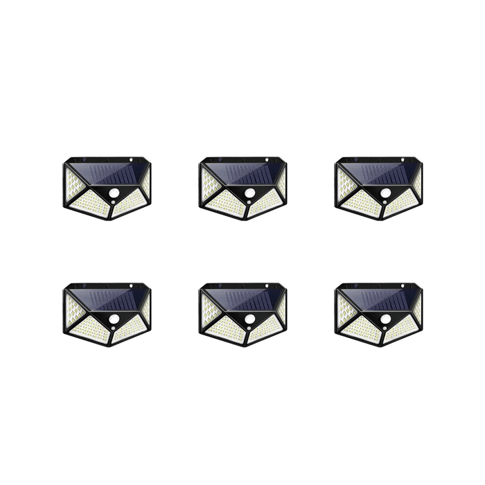 Six solar-powered motion sensor light with a black frame. The light has a solar panel on the top and three sections filled with multiple LED lights. There is also a motion sensor in the center.