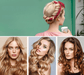 A woman with blonde hair styled in an updo using a red hair accessory, holding a cup. And at the bottom 3 different of the image women with different hair styles.