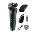 The electric shaver is shown with its full set of attachments, including a nose trimmer, precision trimmer, and a cleaning brush. The set also includes a USB charging cable and a protective cover.