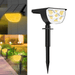 Black solar light with yellow illumination, shown in both wall-mounted and ground-stake configurations.