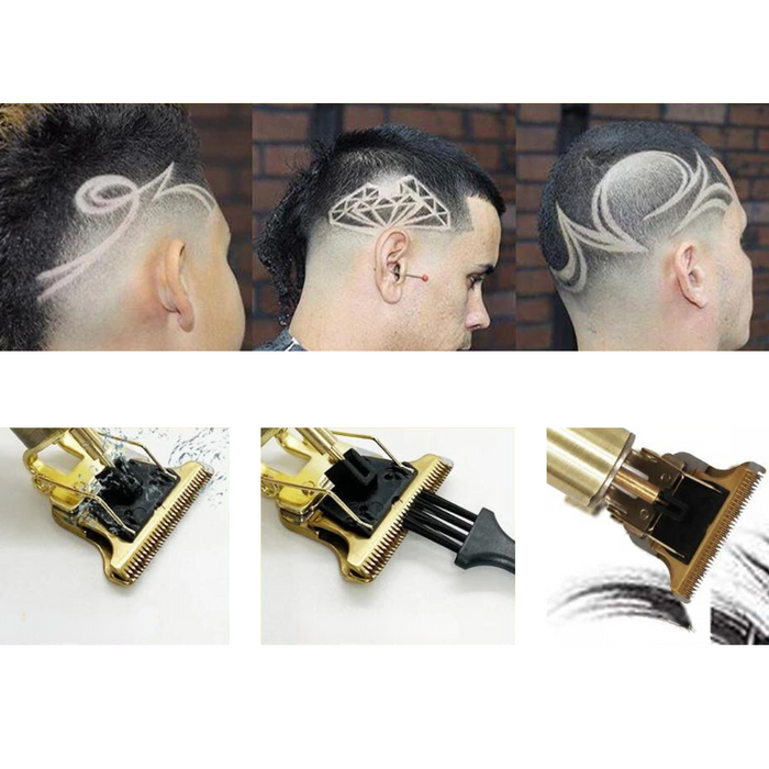 The top part of the image features three men with intricate hair designs, demonstrating the trimmer's precision in creating detailed hair art. Below, there are three smaller images showing different angles of the trimmer's blade and its cleaning process. One image shows the blade being washed with water, while another shows a cleaning brush in use.