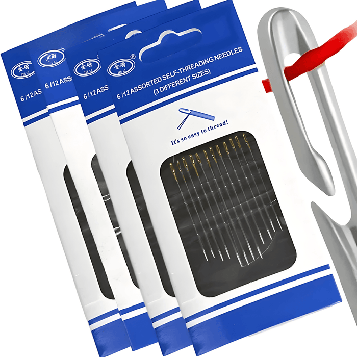 Four packages of Self-Threading Needles with a silver needle beside it.