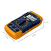 A digital multimeter (model A830L) in blue and orange, with dimensions shown: 5.69 inches in length, 2.73 inches in width, and 1.34 inches in height.