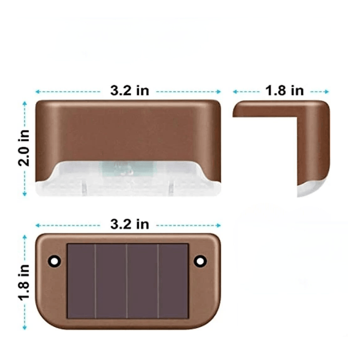 A small rectangular brown solar-powered stair light with dimensions labeled: 3.2 inches in width, 2.0 inches in height, and 1.8 inches in depth.