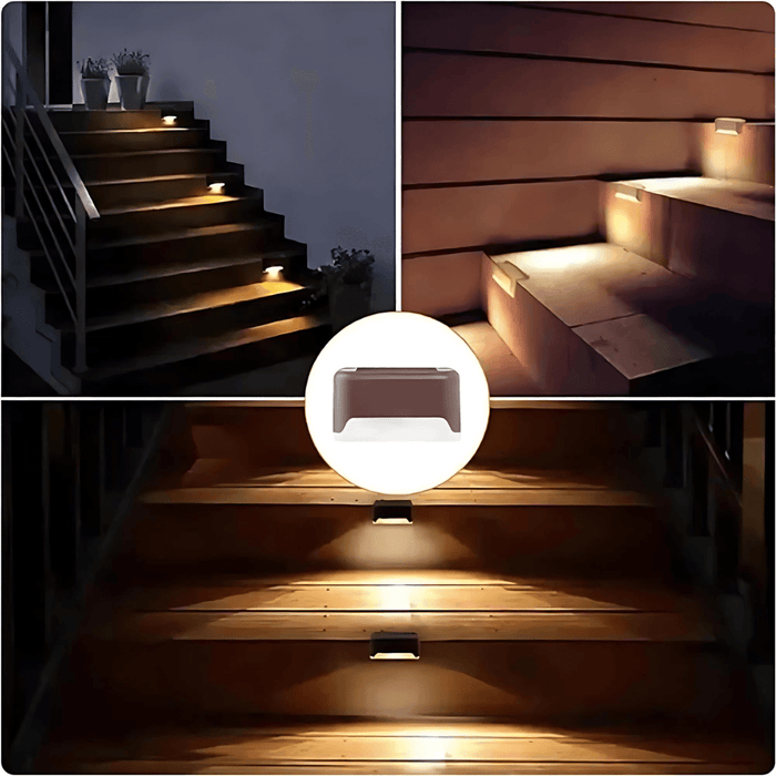 A collage showcasing small, brown rectangular solar lights installed on outdoor steps, illuminating the path.