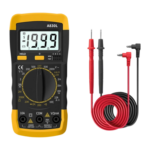 A digital multimeter (model A830L) with a black and yellow design, displaying a reading of 19.99, alongside red and black test probes.