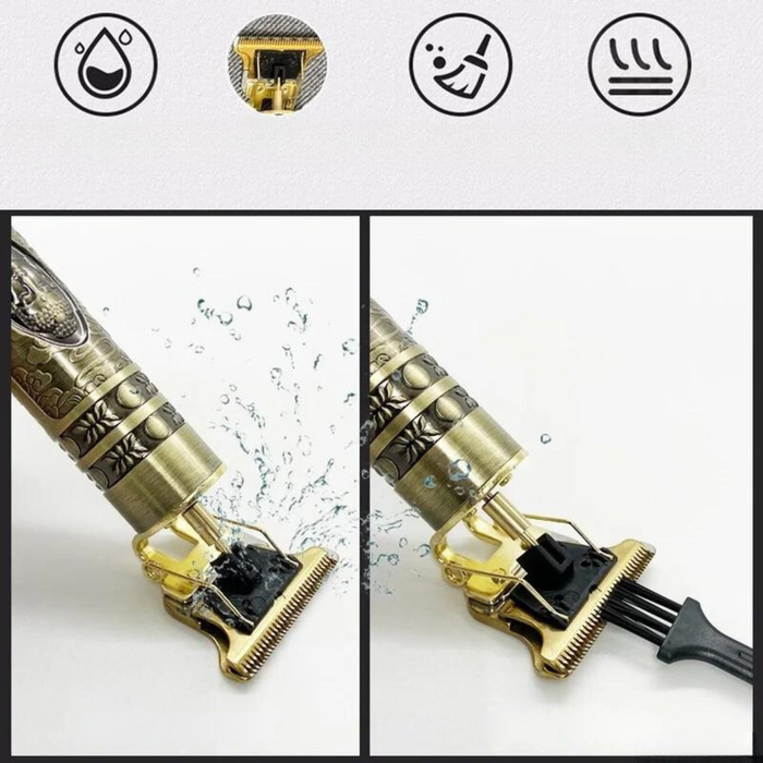 The image highlights the trimmer's waterproof and easy-to-clean features with images of water washing over it and a cleaning brush in use, along with relevant icons.