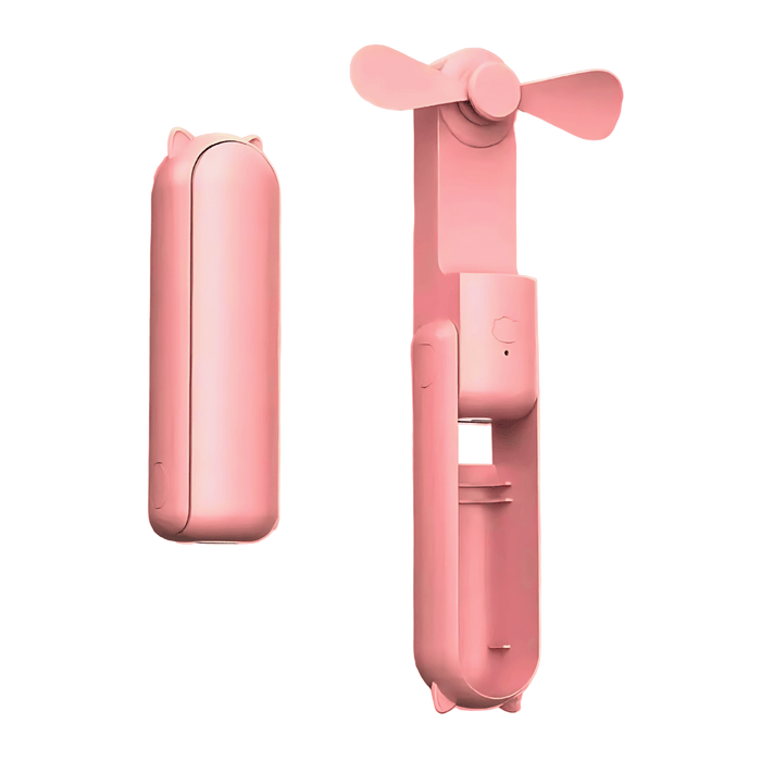 A pink portable handheld fan with a USB charging port, highlighted in a close-up inset. This fan is shown against a clean, white background, emphasizing its sleek and compact design. 