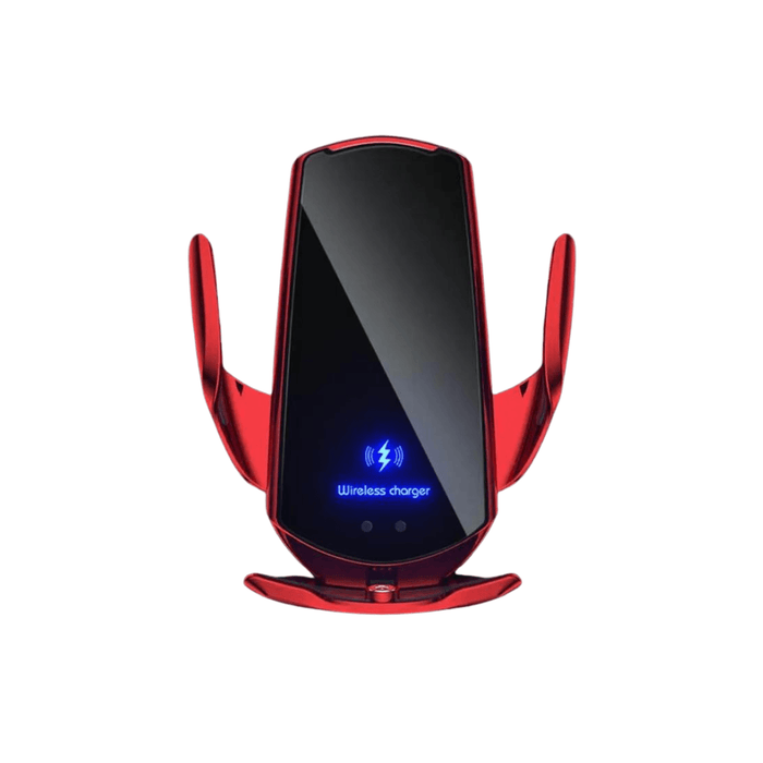 Front view of the red wireless phone charger with a blue charging indicator light, emphasizing its sleek and modern design.