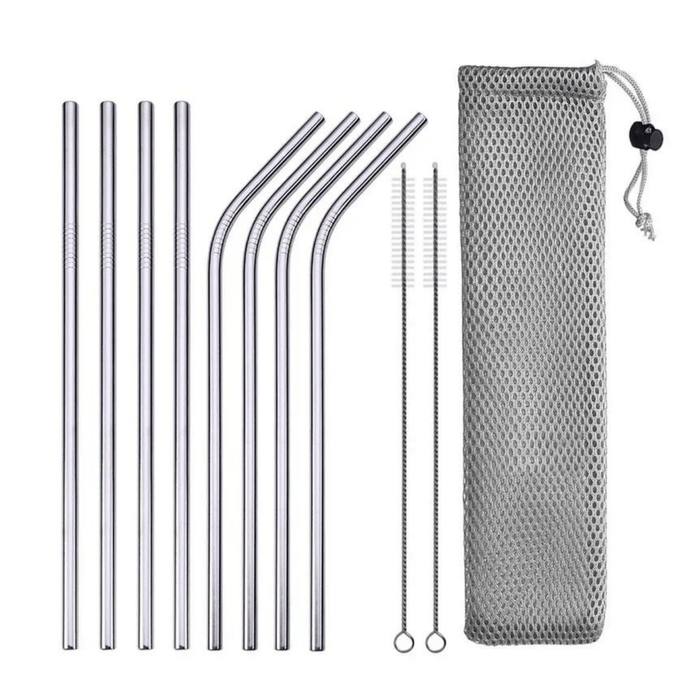 Set of eight metal straws, four straight and four bent, with two cleaning brushes and a gray mesh bag.