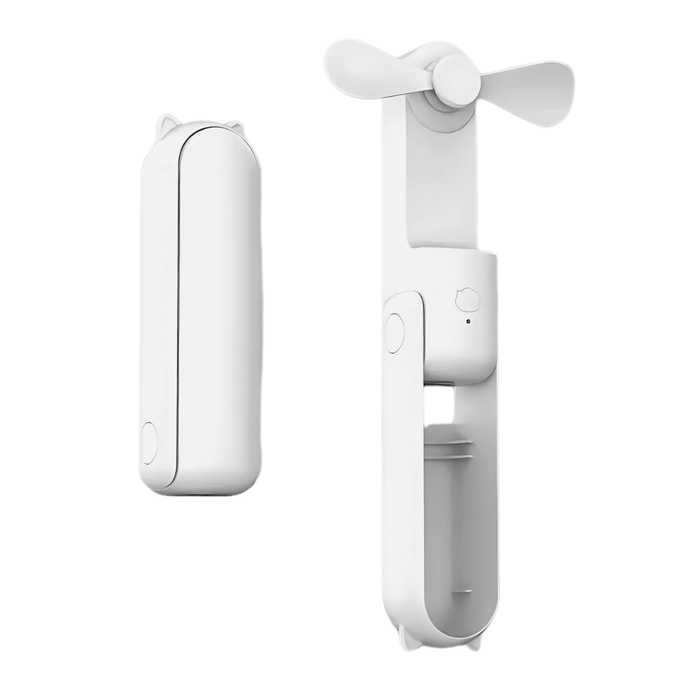 A white portable handheld fan with a USB charging port, highlighted in a close-up inset. This fan is shown against a clean, white background, emphasizing its sleek and compact design. 