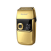 A gold Kemei electric shaver with a sleek design, featuring a digital display showing RPM and power level.