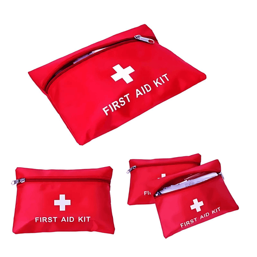 Three different sizes of red first aid kit pouches, all with a white cross, arranged against a white background. This showcases the variety in size available for the same type of first aid kit, catering to different needs or capacities for medical supplies.