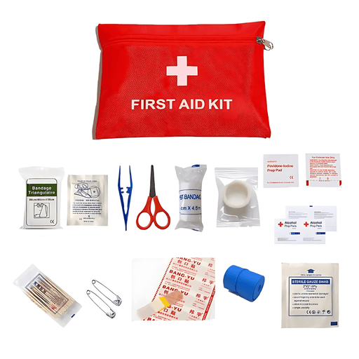 A red first aid kit pouch is centrally displayed against a white background. Surrounding the pouch are various first aid supplies like bandages, medical tapes, and antiseptic swabs. The dimensions of the pouch are indicated as 7.87 inches wide by 5.5 inches tall.