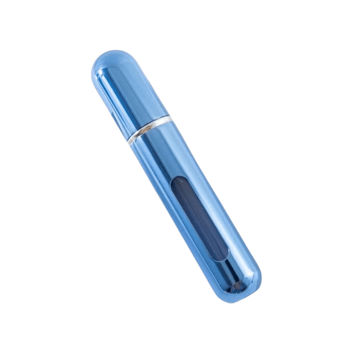 A single blue portable perfume spray bottle with a transparent window.