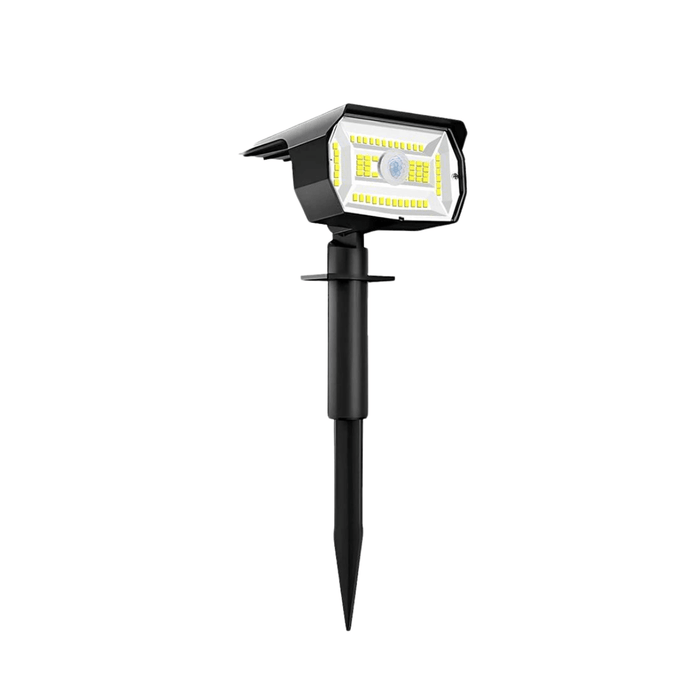 Black solar light with white LEDs, shown in a ground-stake configuration.