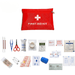 A red first aid kit pouch with a white cross on it, laid out on a white background. Various medical supplies are arranged around the pouch, including scissors, safety pins, an elastic bandage, and antiseptic wipes. The dimensions of the pouch are indicated as 7.87 inches wide by 5.5 inches tall.