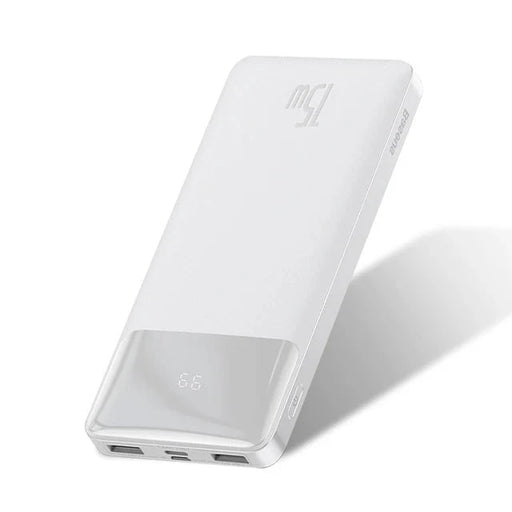 A white power bank with a smooth finish and digital display. It has several charging ports and is shown at an angle to highlight its slim design.