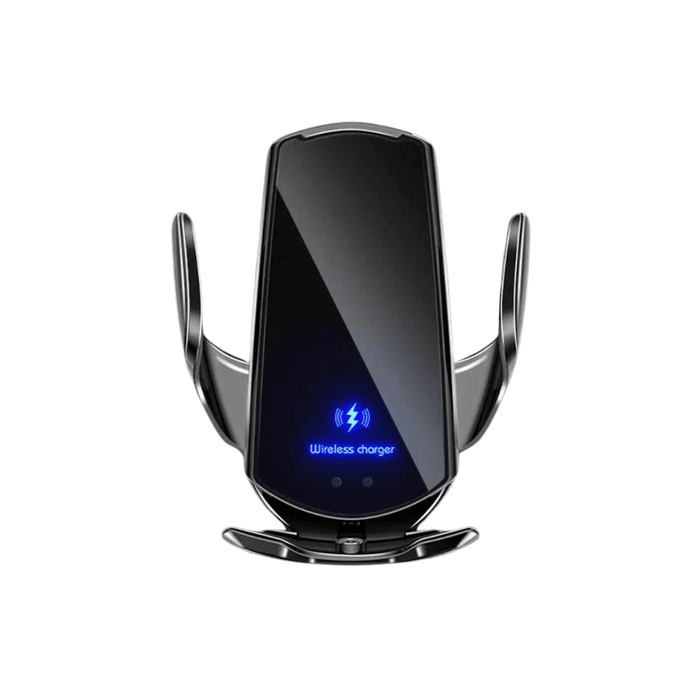 Front view of the black wireless phone charger with a blue charging indicator light, emphasizing its sleek and modern design.