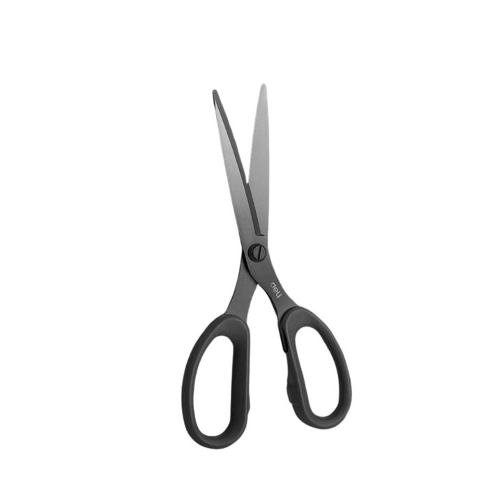 A single pair of scissors with a black blade and black handles. The design is sleek and modern, suitable for various cutting tasks.