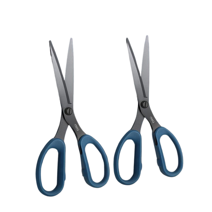 Two identical pairs of scissors placed side by side. Both pairs have black blades and blue handles, showcasing their uniform design.