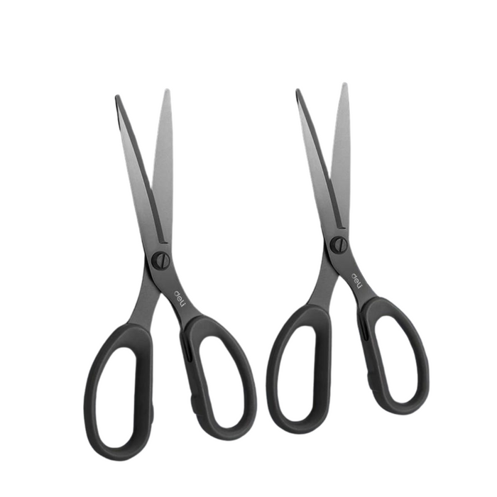 Two identical pairs of scissors placed side by side. Both pairs have black blades and black handles, showcasing their uniform design.