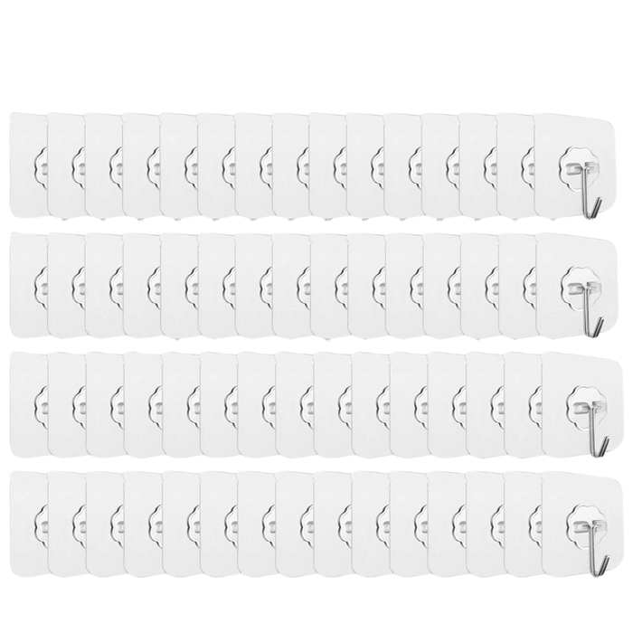 A large set of these adhesive hooks is displayed. The hooks are arranged in a grid pattern, showcasing the quantity available in the set. 