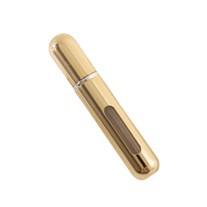 A single gold portable perfume spray bottle with a transparent window.