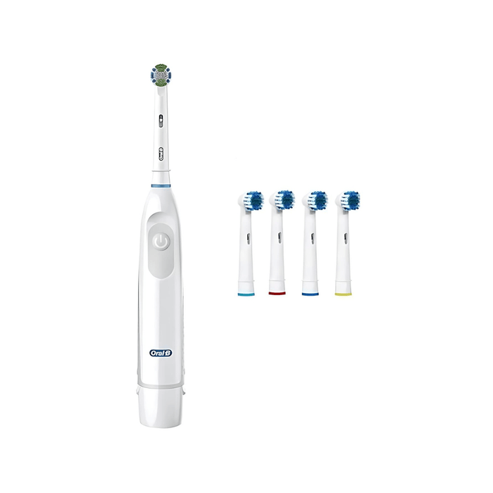 White Oral-B electric toothbrush and four color-coded replacement brush heads, arranged neatly on a white background.