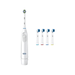 White Oral-B electric toothbrush and four color-coded replacement brush heads, arranged neatly on a white background.