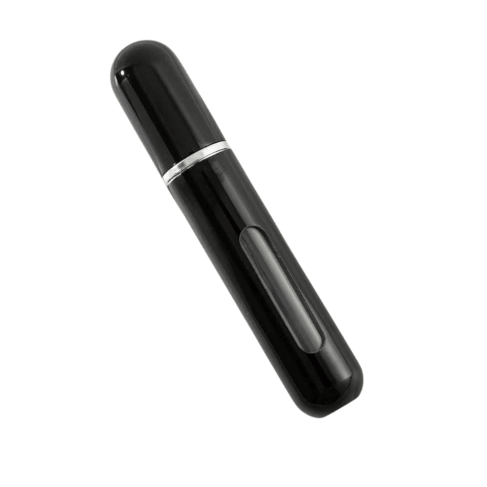 A single black portable perfume spray bottle with a transparent window.