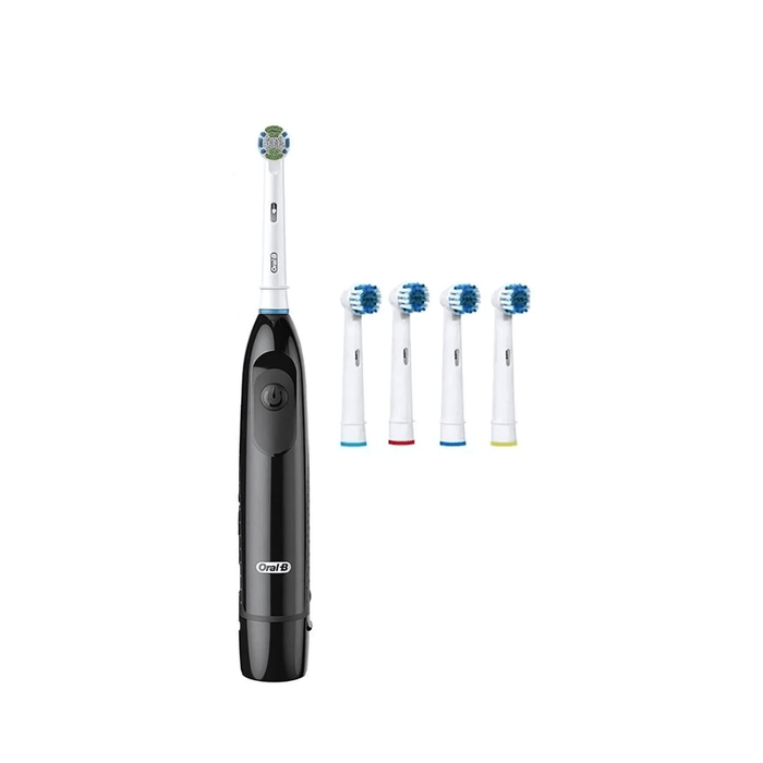 Black Oral-B electric toothbrush and four color-coded replacement brush heads, arranged neatly on a white background.