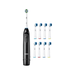 Black Oral-B electric toothbrush and eight color-coded replacement brush heads, arranged neatly on a white background.