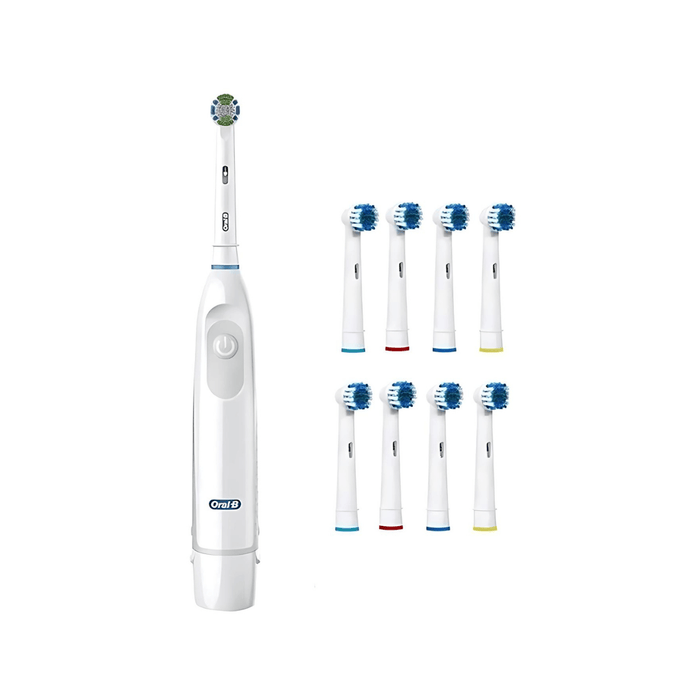 White Oral-B electric toothbrush and eight color-coded replacement brush heads, arranged neatly on a white background.