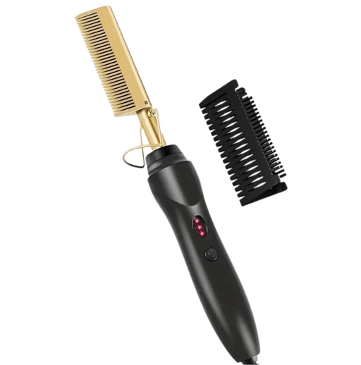 A black electric hair straightening comb with a detachable black comb head.