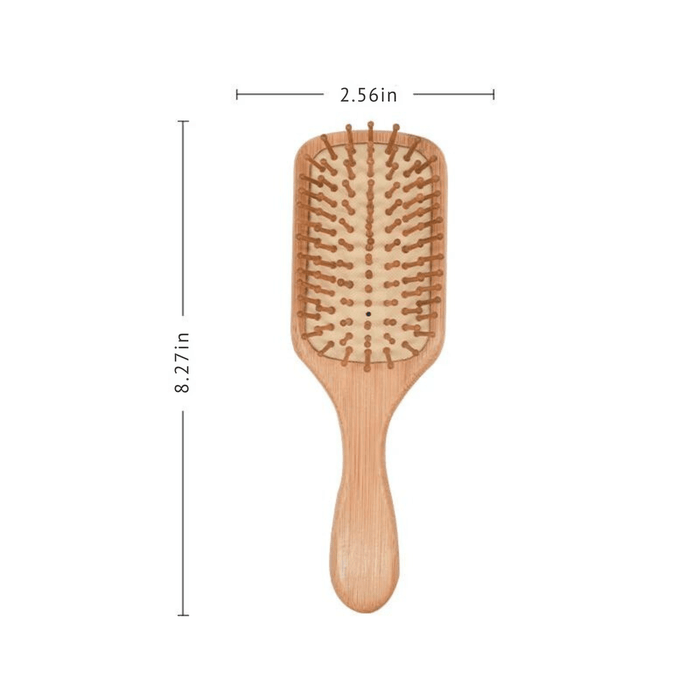 A bamboo hairbrush with a rectangular paddle shape and wooden bristles, measuring 8.27 inches in length and 2.56 inches in width.