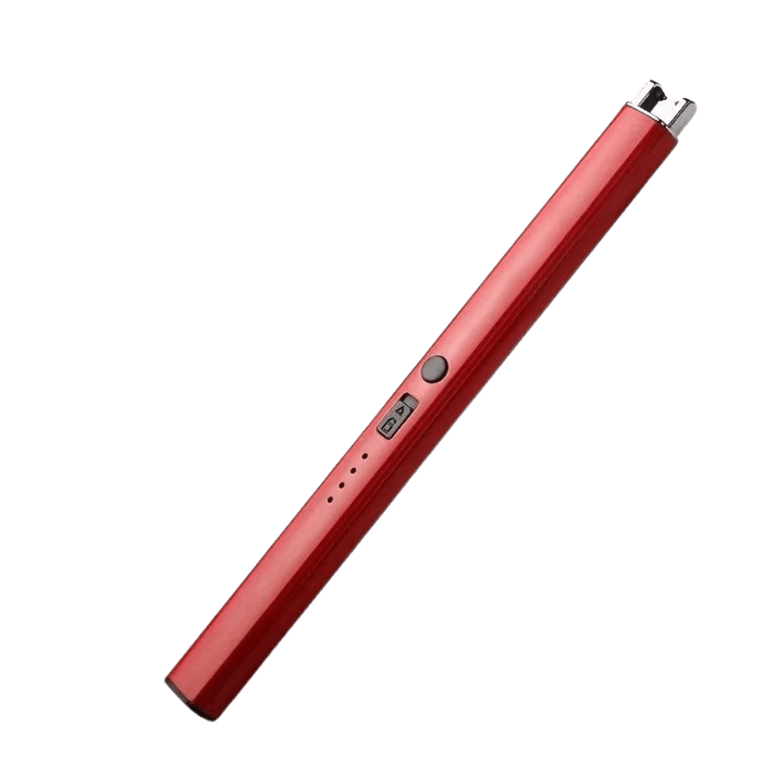 A sleek, red electronic lighter with central control buttons.