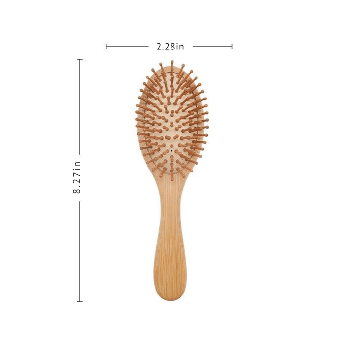 A bamboo hairbrush with a rounded rectangular shape and wooden bristles, measuring 8.27 inches in length and 2.28 inches in width.