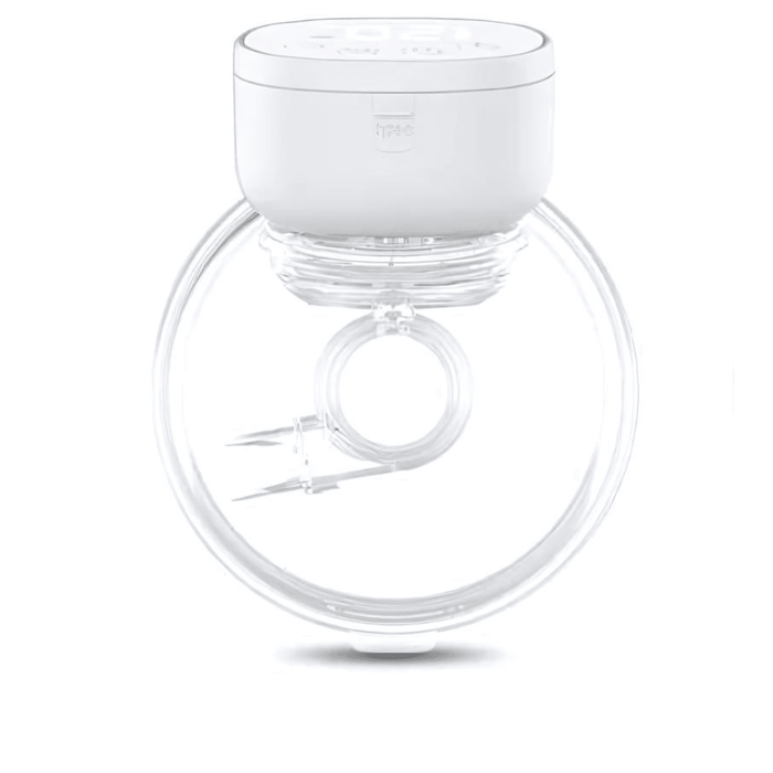 Transparent Lionet milk pump displayed on white background, featuring a white digital LED display with clear milk collection section.