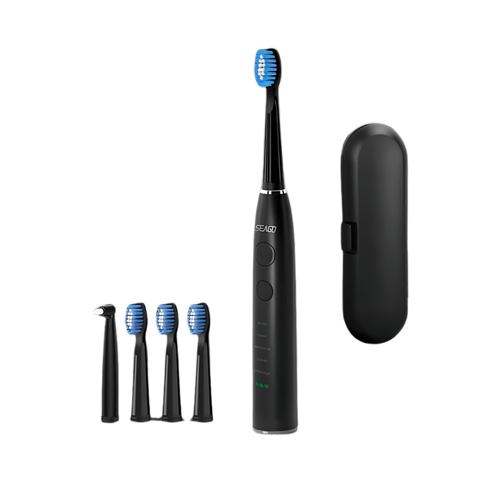 Black electric toothbrush displayed with its attachments: four replacement heads. It also includes a sleek black carrying case.