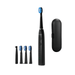 Black electric toothbrush displayed with its attachments: four replacement heads. It also includes a sleek black carrying case.