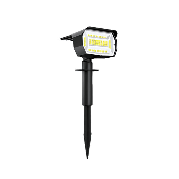 Black solar light with white LEDs, shown in a ground-stake configuration.