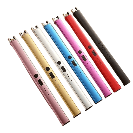 A collection of seven electronic lighters in various colors such as gold, rose-carmine, blue, black, purple, red, and silver displayed in a row against a white background.