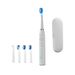 White electric toothbrush displayed with its attachments: four replacement heads. It also includes a sleek white carrying case.